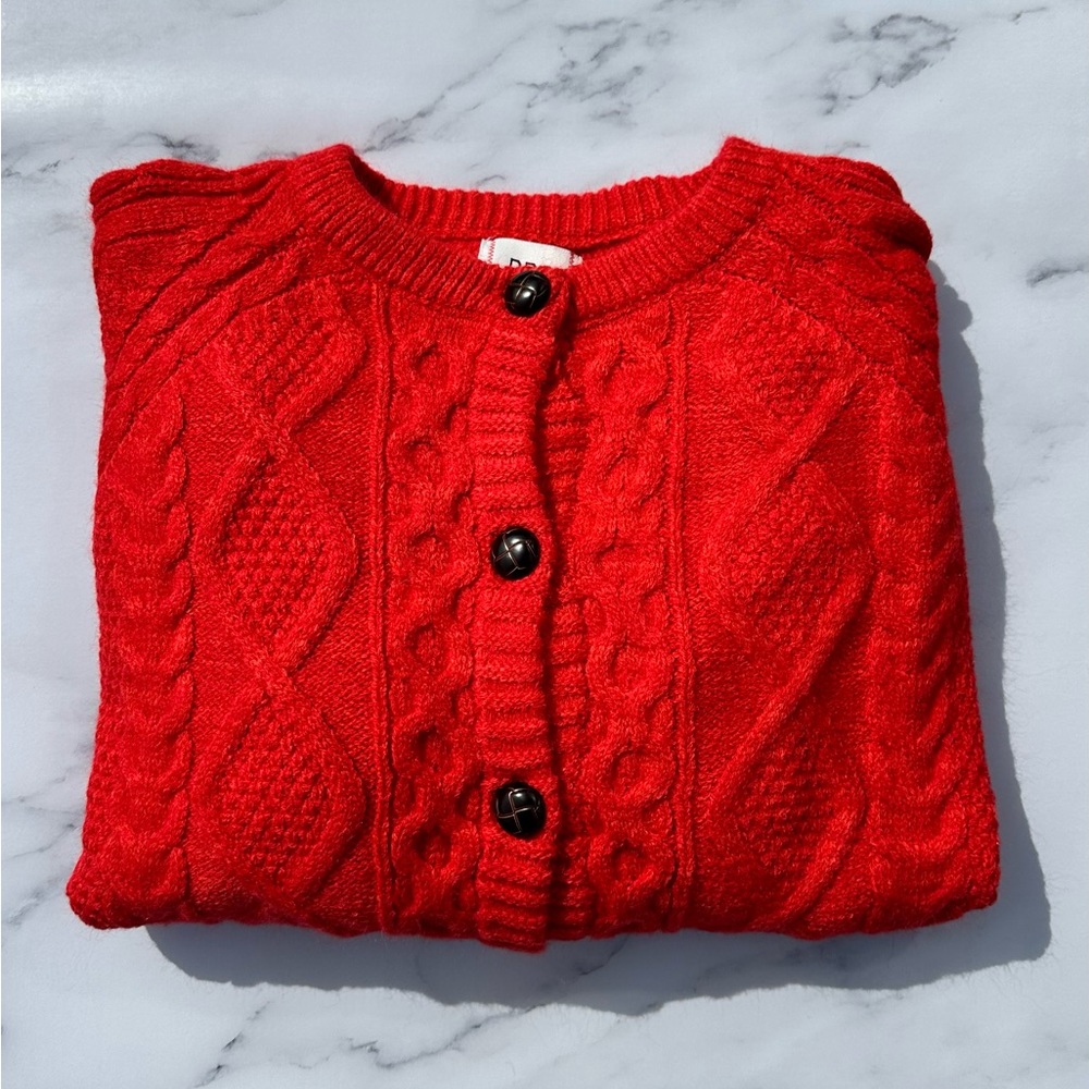 BDG Red Alexandra Cable-Knit Cardigan sweater from Urban Outfitters.